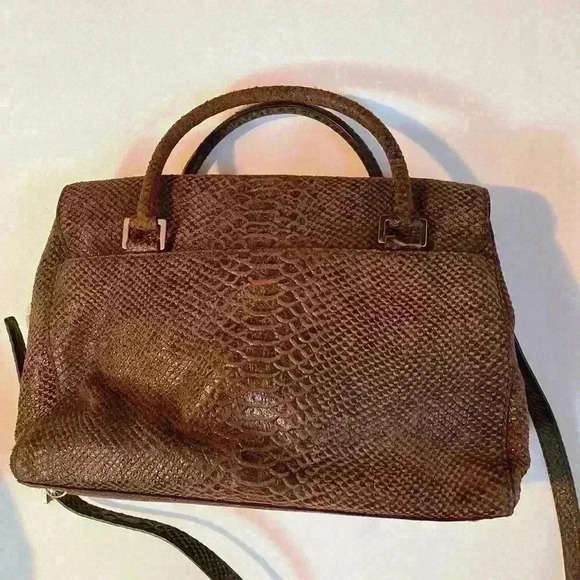 NWOT Michael Kors Snakeskin Python Suede 2Way Brown Tote Bag Satchel Purse Large - Picture 2 of 15